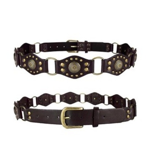 Accessories - Womens Boho Leather Belt Studded Medallion Buckle Waistband‎ Dark Brown